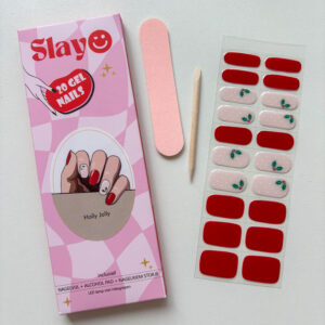 Gellak Stickers Holly Jolly Gel nagelstickers voor kerst, rood en roze met stipjes en hulsjes.